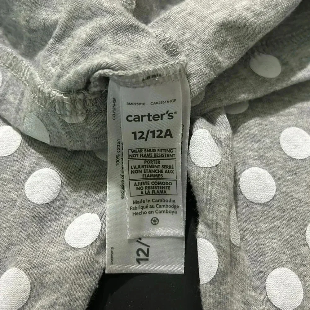Carters girls size 12 pajama set, long sleeve top & pants white/gray comfy EUC